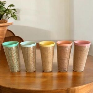 Vintage Thermo-Temp Melmac Burlap Woven Raffiaware Tumblers Cups Set of 5 GUC